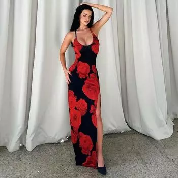 Сексуальное платье с разрезом по бокам и цветочным принтом для женщин, глубокий V-образный вырез, длинные платья без рукавов с высокой талией, Femme Bodycon, модное вечернее элегантное платье для женщин S красный