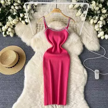 Сексуальное платье со стразами, облегающее трикотажное платье, шикарное винтажное вечернее клубное женское шикарное винтажное летнее платье А-силуэта One Size розовый