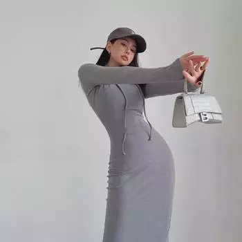 Сексуальное платье-свитер с капюшоном в европейско-американском стиле – облегающий крой, мода осень/зима для женщин