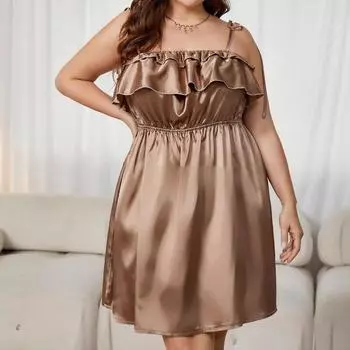 Сексуальное платье свободного покроя со шнуровкой и открытой спиной, летнее женское модное платье-халат из атласа с оборками, без бретелек, однотонные вечерние платья 26327 XL светло-коричневого