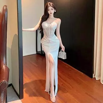 Сексуальное платье-труба с сетчатой строчкой и разрезом на талии S белый