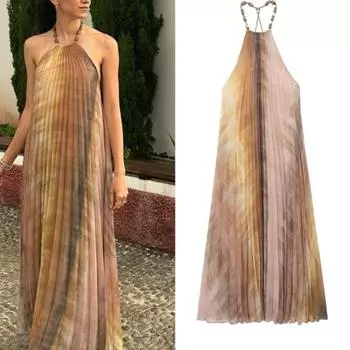 Сексуальное плиссированное длинное платье с принтом тай-дай, женские свободные платья с открытой спиной и рукавами, летние праздничные платья для женщин, пляжные вечерние халаты XS кофейный