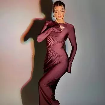 Сексуальное плиссированное макси-платье, однотонное, с круглым вырезом, облегающее, элегантное, осенне-зимнее, облегающее женское платье, одежда для вечеринок и клубов, уличная одежда S