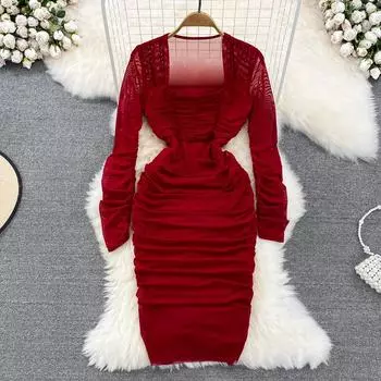 Сексуальное плиссированное облегающее платье с квадратным вырезом, облегающее грудь и талию, короткое сетчатое платье на бедрах из марли