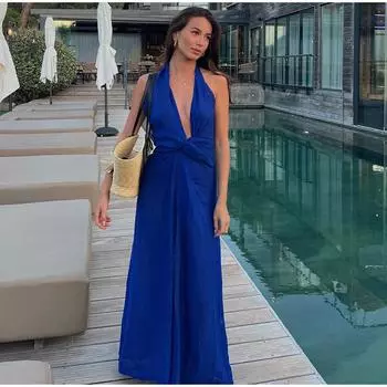 Сексуальное плиссированное женское длинное платье с глубоким V-образным вырезом, шикарное женское платье без рукавов с бретелью через шею, летнее вечернее женское платье XS синий