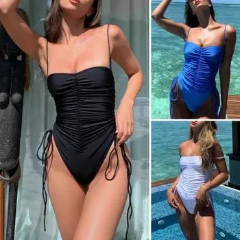 Сексуальное плиссированное женское монокини с низким воротником на бретельках и высокой талией, цельный купальник с завязками по бокам S чёрный