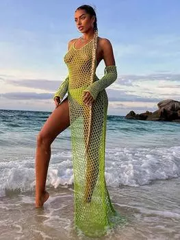 Сексуальное Полое Платье Макси Женское Пляжное Лето Холтер Без Рукавов Спинки Длинные Платья Женский Сплит Облегающее Женское Прикрытие S чёрный