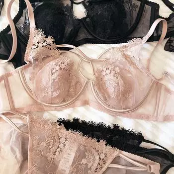 Сексуальное полое женское нижнее белье с кружевной цветочной вышивкой, французский ультратонкий бюстгальтер с пуш-апом, регулируемый ремешок, комплекты бюстгальтеров и трусиков 70B чёрный