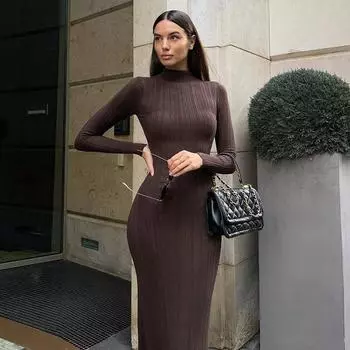 Сексуальное полосатое облегающее трикотажное платье-свитер для женщин, осень-зима, элегантное платье-водолазка с длинными рукавами, макси-платье в стиле хип-хоп S чёрный