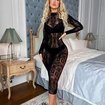 Сексуальное полупрозрачное длинное платье полое нижнее белье женское сетчатое с длинным рукавом нижнее белье обтягивающие женские черные тонкие эротические платья One Size