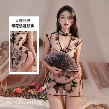 Сексуальное порно женское белье, прозрачная ночная рубашка соблазняет винтажной полой бабочкой, вышитой униформой ципао One Size