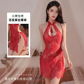 Сексуальное порно женское белье, винтажный чонсам эротический чонсам униформа соблазн разрез полые горячие кружева прозрачная ночная рубашка One Size