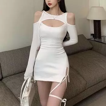 Сексуальное повседневное мини-короткое платье с вырезом, летнее облегающее элегантное уличное платье со шнуровкой, с длинным рукавом, белое вечернее платье 27719 чёрный