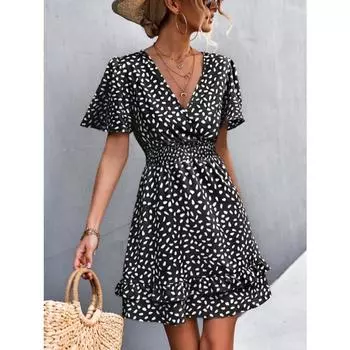 Сексуальное повседневное платье с v-образным вырезом и коротким рукавом с принтом, женское модное тонкое летнее платье с высокой талией, женские элегантные платья трапециевидной формы с рюшами 806 S зелёный