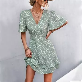 Сексуальное повседневное платье с v-образным вырезом и принтом на рукавах, модное летнее платье с запахом на талии, элегантное женское праздничное платье трапециевидной формы 806 S жёлтый