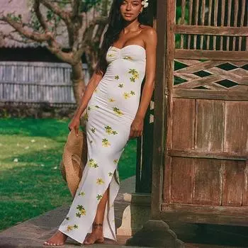 Сексуальное повседневное праздничное платье с цветочным принтом, новое модное женское вечернее платье без бретелек с обернутой грудью, новое элегантное облегающее сексуальное облегающее длинное платье с разрезом 600 S белый