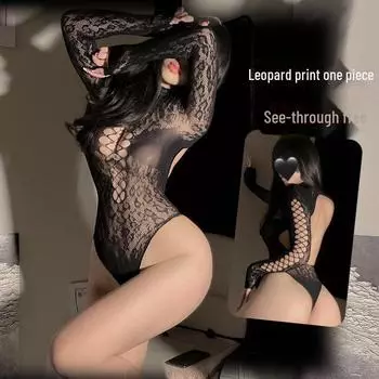 Сексуальное прозрачное нижнее белье с открытой спиной и леопардовым принтом, цельный купальник со съемной сеткой One-piece fishnet stockings, One size [80-125]