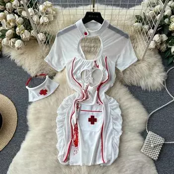 Сексуальное прозрачное ночное платье с вырезом, женская пижама со рюшами, эротическая ночная рубашка для ролевых игр, сексуальные пижамы с короткими рукавами One Size