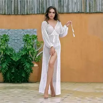 Сексуальное прозрачное сетчатое бикини с длинными рукавами, белая туника, женская пляжная одежда, купальный костюм, летнее пляжное платье D12 One Size красный