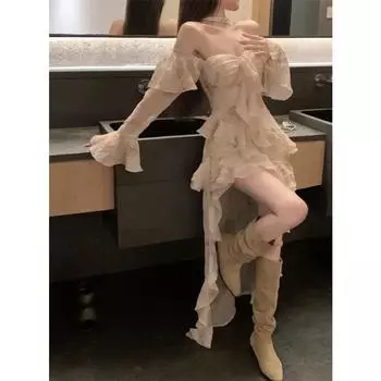Сексуальное романтическое платье с разрезным вырезом для женщин, новинка 2024 года, лето 2024, повседневное облегающее платье с оборками Y2k E-Girl с длинным рукавом Vestidos Mujer XS бежевый