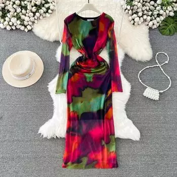 Сексуальное сетчатое лоскутное цельное платье для женщин с принтом в виде галстука и круглым вырезом винтажные платья с длинными рукавами женское шикарное элегантное корейское модное платье миди 2024 M красный