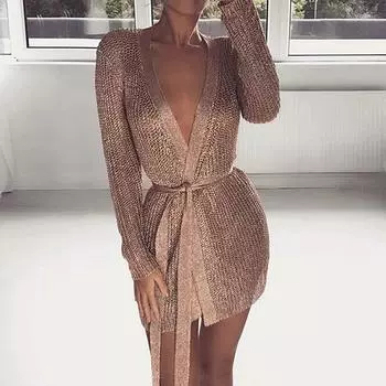 Сексуальное сетчатое мини-платье с v-образным вырезом, женская элегантная одежда для вечеринок в ночном клубе, кардиган, платье с завязкой на талии S
