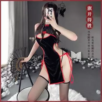 Сексуальное сетчатое нижнее белье Cheongsam, платье с высоким разрезом, ночная рубашка, китайская классическая кружевная униформа Ципао, искушение, комплект нижнего белья для вечеринок One Size