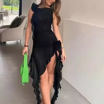Сексуальное сетчатое платье феи с оборками, эстетичное глубокое лето, нерегулярные платья миди, пляжная праздничная одежда, женское платье S чёрный