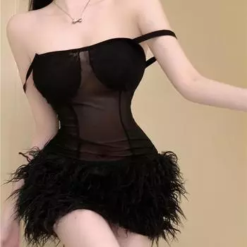 Сексуальное сетчатое платье-комбинация с открытой спиной, черное кружевное облегающее платье с перьями, облегающее мини-короткое платье с запахом, наряд для ночного клуба S чёрный