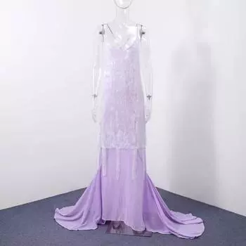 Сексуальное сетчатое платье с пайетками для вечеринки, женское лоскутное платье на бретелях с V-образным вырезом, без спинки, длинное платье, весна-лето 2025, женское облегающее платье без рукавов S фиолетовый