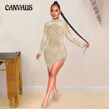 Сексуальное сетчатое прозрачное платье для ночного клуба с бахромой и пузырьковыми бусинами вокруг шеи и длинными рукавами для женщин S чёрный