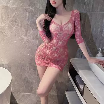 Сексуальное сексуальное искушение женская большого размера короткая юбка рукав средней длины полый промежность жаккардовые цельные носки чистое желание пижама цельная average size