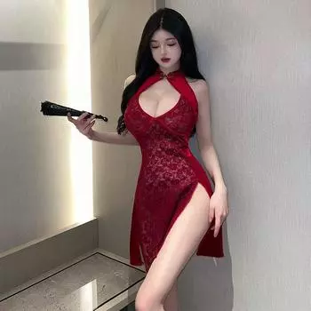 Сексуальное сексуальное полое облегающее платье с запахом на бедрах из соблазнительного комплекта чонсам с горячей кроватью Average Size