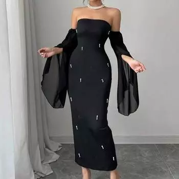 Сексуальное шифоновое платье с длинными рукавами, вышитым бисером, воротником-стойкой S чёрный