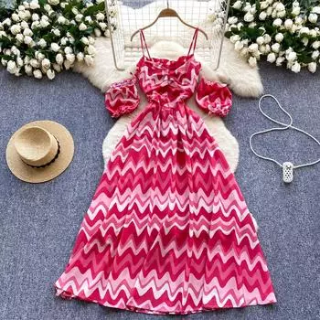 Сексуальное шикарное платье без рукавов с принтом и открытыми плечами, элегантное корейское модное облегающее летнее винтажное милое платье One Size