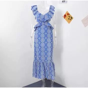 Сексуальное синее платье с ажурной вышивкой, женское, без рукавов, с открытой спиной, с оборками, с милым О-образным воротником, длинное пляжное платье, летнее S синий