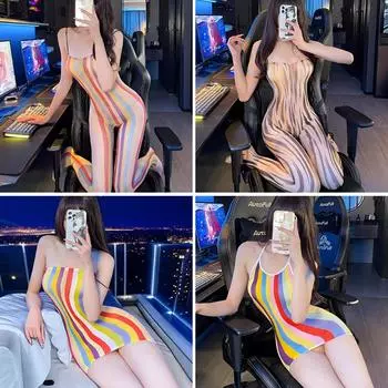 Сексуальное соблазнение Цветной полосатый комбинезон Открытая промежность Колготки Эротическое нижнее белье Платья Женское боди Взрослые XXX Секс Порно Одежда One Size