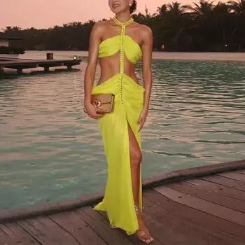 Сексуальное тканое платье с цепочкой из рыбьей кости для женщин, модное платье с открытыми плечами, Vestidos, лето 2024, шикарные женские пляжные вечерние платья S жёлтый