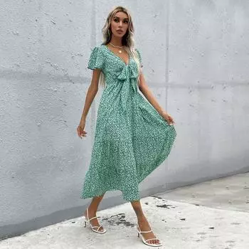 Сексуальное тонкое бандажное платье с длинным принтом, женское повседневное весенне-летнее платье с коротким рукавом для женщин, праздничный стиль, сарафан с цветочным принтом