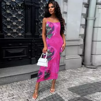 Сексуальное тонкое платье на бретельках с принтом, летние женские платья с принтом, длинное женское платье S оранжевый