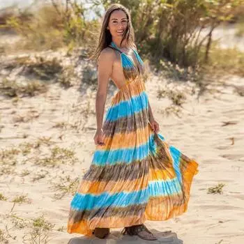 Сексуальное тонкое платье с открытой спиной и принтом тай-дай, пляжная длинная юбка S серый