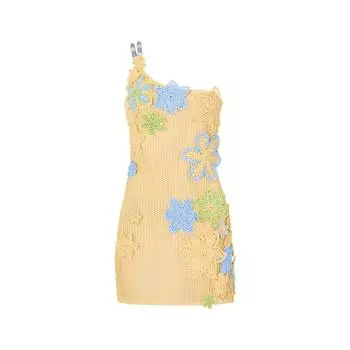 Сексуальное трикотажное платье для женщин с ажурным 3D-цветком, косыми плечами, открытой спиной, бандажное короткое пляжное платье 2025 года, летнее женское платье для отпуска S жёлтый