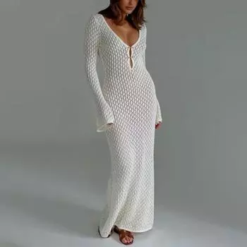 Сексуальное трикотажное платье с v-образным вырезом и длинными рукавами, женское элегантное, обтягивающее, облегающее, с открытой спиной, прозрачное длинное платье M белый