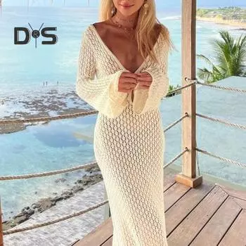 Сексуальное трикотажное платье с V-образным вырезом и длинными рукавами, женское элегантное облегающее платье с открытой талией и открытой спиной, прозрачное длинное платье M белый