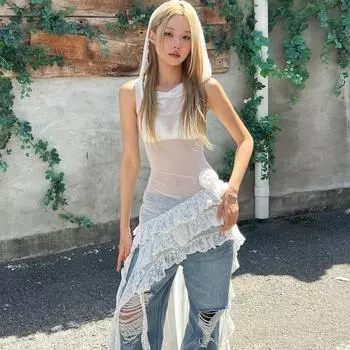 Сексуальное уличное сетчатое платье без рукавов с капюшоном и кружевом в стиле пэчворк S белый