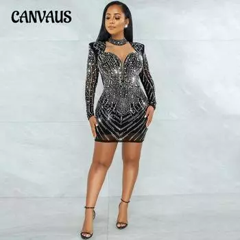 Сексуальное вечернее платье для ночного клуба с глубоким V-образным вырезом и прозрачной женской одеждой из ромбовидной сетки S чёрный