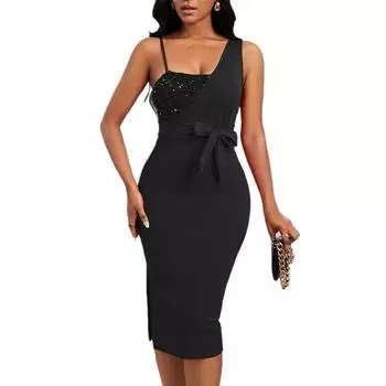 Сексуальное вечернее платье с разрезом на юбке и поясом на одно плечо с регулируемой пряжкой S чёрный