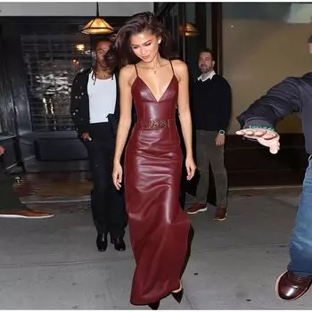 Сексуальное винно-красное PU длинное платье без рукавов с глубоким V-образным вырезом на спине и боковыми разрезами для вечеринок в стиле ночного клуба S вино красного