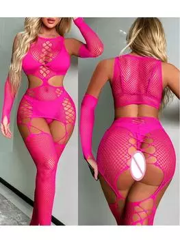 Сексуальное вязаное крючком ажурное косплей нижнее белье бебидолл нижнее белье костюмы сорочки тедди пижамы hoot сексуальное платье флуоресцентно-розовый S-XXL flexible