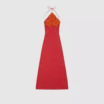 Сексуальное вязаное крючком длинное платье-халтер с 3D-цветком на спине без рукавов пляжные платья 2025 года летнее женское отпускное новое платье S красный